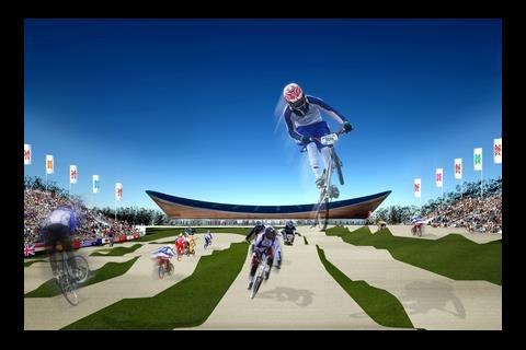View of the BMX action during the 2012 Games with the Velodrome in the background.